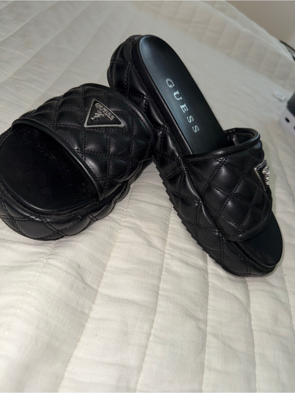 GUESS Black Quilted Slide Mules with Logo Triangle